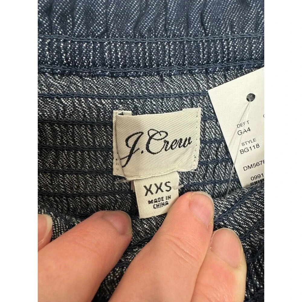 J. Crew XXS Smocked Puff Sleeve Mini Dress In Chambray Blue 100% Cotton NWT